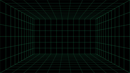 Futuristic perspective grid box. Abstract wireframe with green grid line on black background. Virtual reality landscape in 80s 90s digital style.