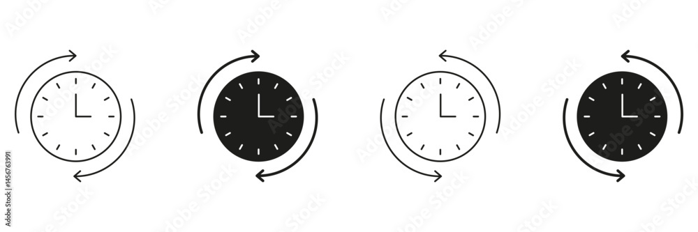 Poster clock with arrows line and solid icon set. time management, scheduling, and cycle rotation symbol co