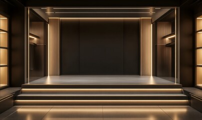 Modern Minimalist Stage with Warm Lighting and Clean Lines