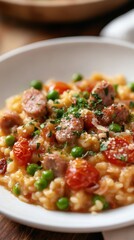 Fototapeta premium Delicious Risotto Dish with Sausage, Peas and Tomatoes in a Creamy Sauce on a White Plate