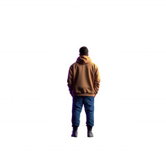A person standing with their back to the camera, wearing a brown hoodie and blue jeans against a white isolate background.