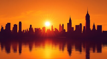 Obraz premium The sun rises behind a quiet city skyline, casting a golden glow on the silhouettes of buildings.