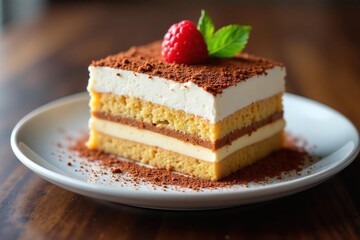 Classic tiramisu, layers visible, cocoa dusting, sweettooth, italiancuisine, rich