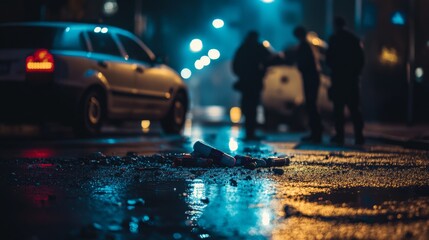 Police Investigation at Night in a Crime Scene Related to Drugs
