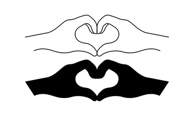Outline and Silhouette of Hands Forming a Heart Shape &ndash; Love, Unity, and Relationship Symbol Vector Illustration
