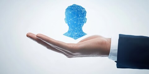 A hand holds a digital representation of a person