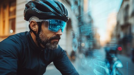 Cyclist with High-Tech Helmet and Augmented Reality Glasses in Action