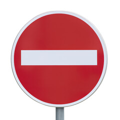 A red circular no entry sign, prominently displayed against a white isolated background, indicating restricted access in various settings.