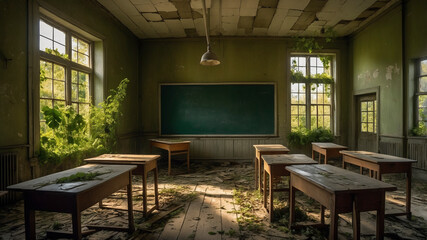 Nature Reclaims Interior of Historic Building with Broken Tiles
