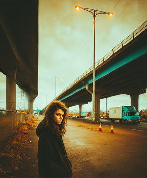 Moody urban street under overpasses with young woman in dark coat at sunset, industrial setting with trucks and traffic cones