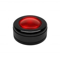 A shiny black round button with a prominent red dome on top, isolated on a white background, ideal for use in design projects and technology-related concepts.
