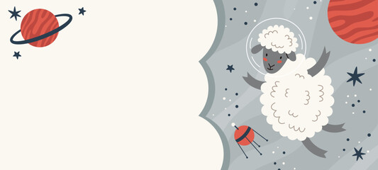 Space kids poster.Animal astronauts in among the stars and comets,Giraffe.A postcard, a flyer, an invitation.Vector cartoon flat illustration.