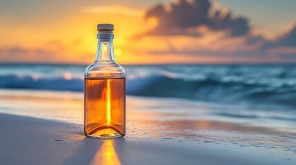 Obraz premium Sunset drink bottle on sand