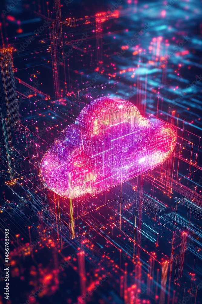 Poster digital cloud computing concept with data network and futuristic technology illustration abstract pe