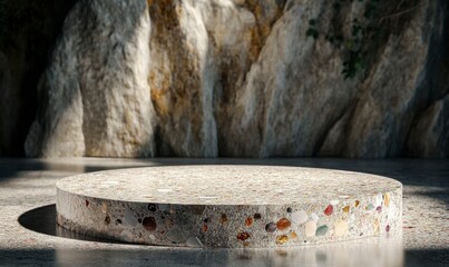 Fototapeta premium Circular Stone Table Surrounded by Natural Rock Formation and Light