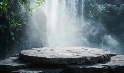 Serene Stone Platform Surrounded by Mist and Waterfall Beauty