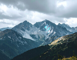 Obraz premium Misty Mountain Range Landscape Under Cloudy Sky
