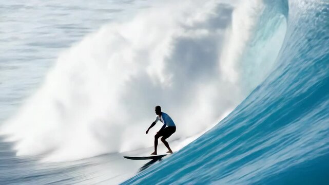 Man surfing down a massive wave with a huge plume of white water, ocean, and blue sky in the background, capturing the thrill of extreme sports.