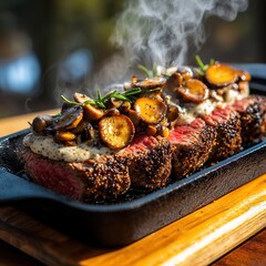 Mushroom steak topping highlighting buttery brown fungi crowning juicy pepper-encrusted beef cut, professional restaurant presentation with fresh herbs on sizzling hot skillet