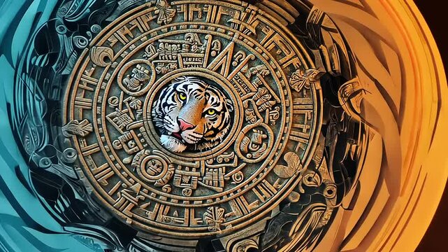 Mystical Mayan Tiger: A Digital Artwork of a White Tiger Emblazoned on an Aztec Calendar