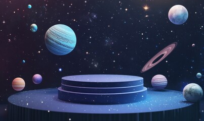 Naklejka premium Colorful Cosmic Scene with Multiple Planets and a Pedestal Platform