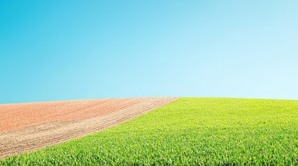 Obraz premium Wide landscape view of vibrant green grass and brown soil fields contrasting under clear blue sky du daytime, emphasizing nature and agricultural scenery