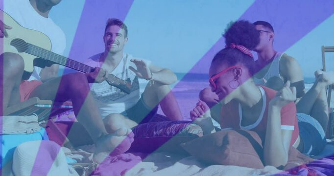 five friends lounging on beach playing guitar using phone while technology icons floating