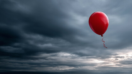 Fototapeta premium A single red balloon floating in the sky against dark storm clouds