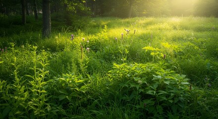 Fototapeta premium Forest meadow with sunlight streaming through trees