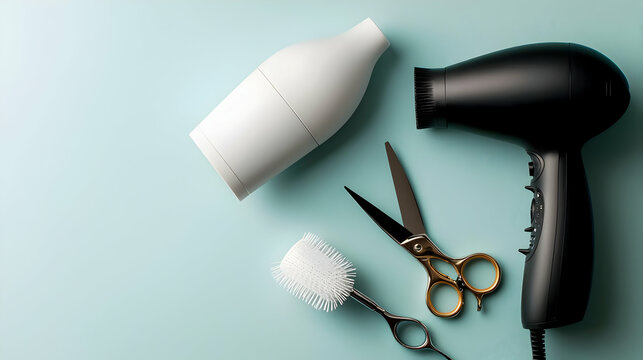 Professional Hair Styling Tools On Light Blue Background