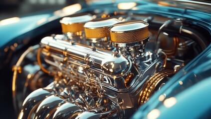 Gleaming Chrome: A Close-Up of a Polished Classic Car Engine