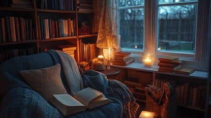 Cozy reading corner with candlelight and stacked books.
