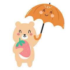 Cute hand drawing cartoon a bear carrying strawberries and wearing a yellow umbrella. cute animal drawing for kids sticker, doodle