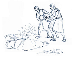 Pencil drawing. Joseph's brothers throw him into a pit