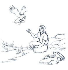 Pencil drawing. Elijah and the crows