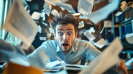 A stressed man struggles as he drowns in a massive pile of documents, overwhelmed by paperwork and deadlines. The concept of workplace stress, bureaucracy, and information overload. Generative AI.