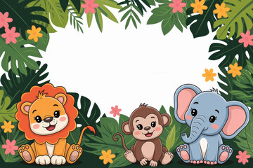 Naklejka premium Cute jungle animals frame with lion, monkey, and elephant surrounded by tropical leaves