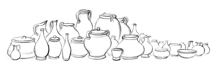 Pencil drawing. Many different vessels