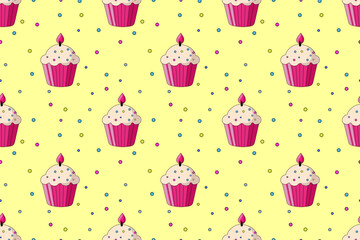 Cute seamless pattern of mouth-watering birthday cupcake and lots of colorful dragees. Sweet holiday gift, dessert. For packaging, textiles, website, background.
