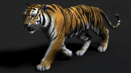 Obraz premium Powerful tiger in motion, showcasing intricate stripes and fur texture against a dark backdrop. Detailed digital rendering of a walking tiger