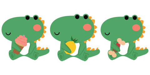 Set of cartoon cute dinosaur holding meat, lemon, ice cream, cute animal cartoon on white background.Animal character design.Isolate