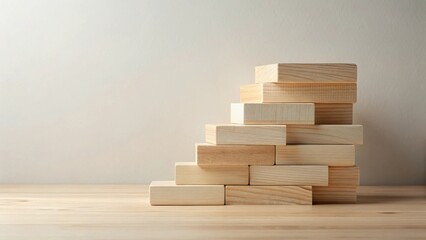 Ascending Wooden Blocks Forming a Step-like Structure on a Light Wooden Surface Against a Neutral Background