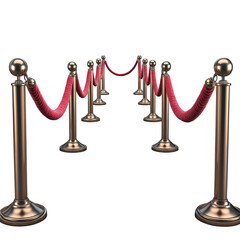 the stanchions with taut red velvet ropes forming an elegant barrier. Symmetrical alignment creates a sense of sophistication and orderliness, on an isolated and transparent background