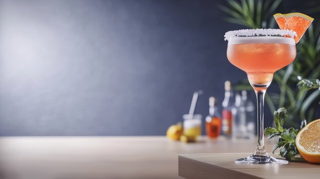 Beautifully crafted pink cocktail with salted rim garnished with orange slice on a stylish glass set on a wooden surface against a modern dark background with tropical plants and bartending supplies
