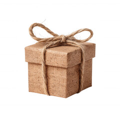 A wrapped gift box made of natural burlap with a simple twine bow, symbolizing occasions of giving and joy, set against a white isolated background.
