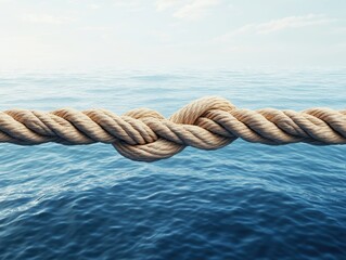 Fototapeta premium Rope with knot over water surface close up view connection concept strength teamwork trust partnership ocean horizon