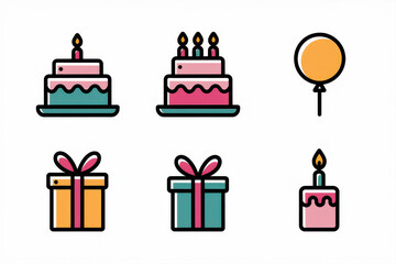 Colorful birthday icons with cake, balloons, and gifts for celebrations