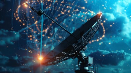 A satellite dish captures cosmic data, illuminated by blue glowing lights, representing space communication