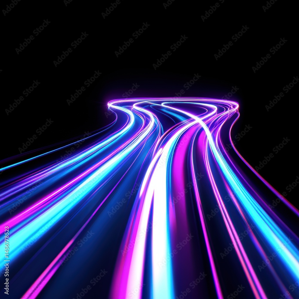 Poster abstract light trails on black background showing speed and motion from low angle perspective in stu
