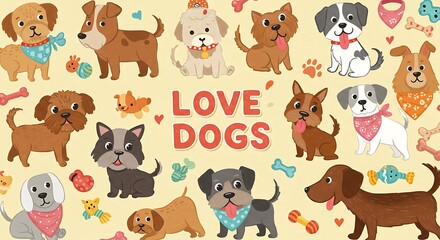 Fototapeta premium Cartoon Dogs Background Illustration with Cute Puppies and Dog Toys
